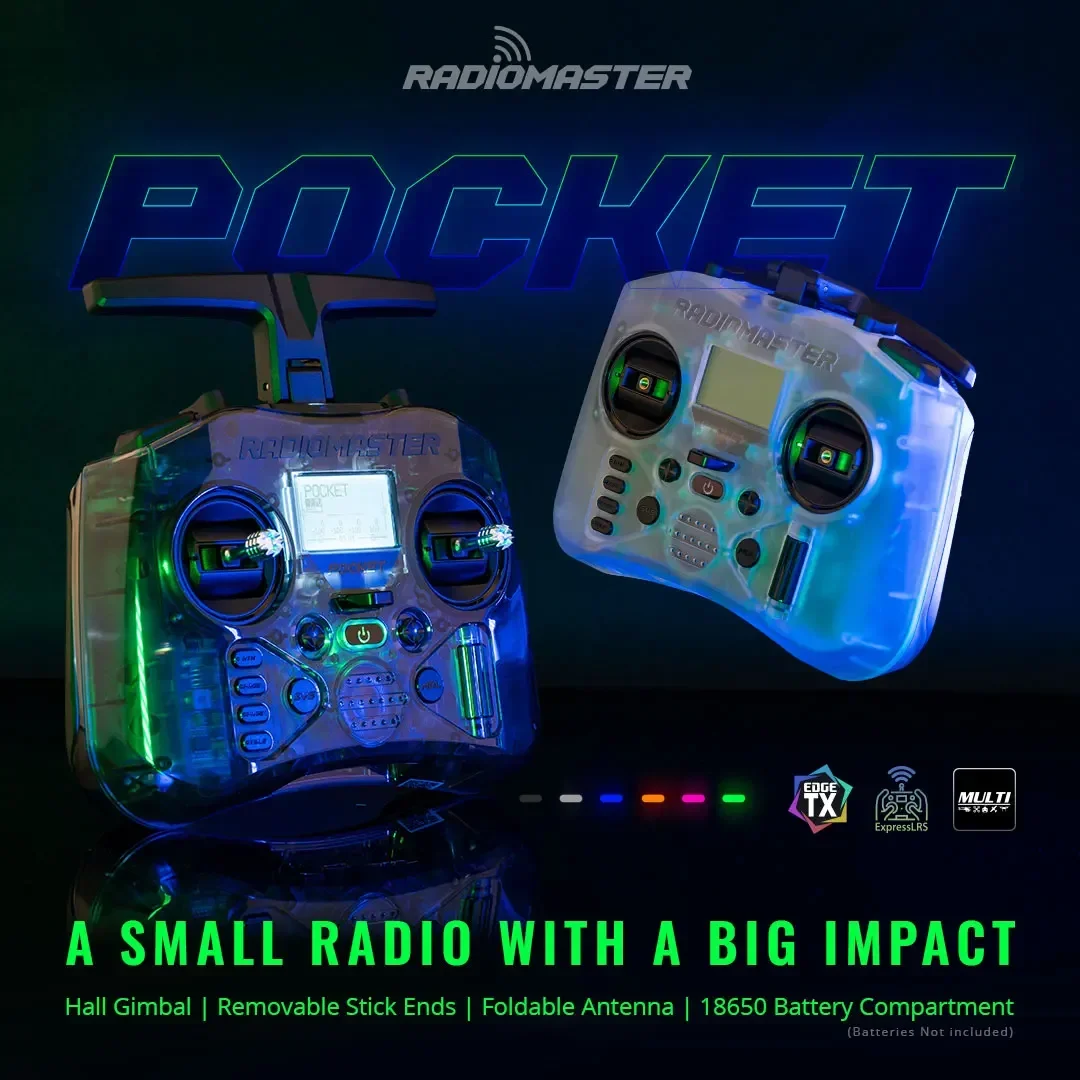 RadioMaster Pocket : émetteur RC léger et puissant pour simulateurs, vu de face avec sticks et écran