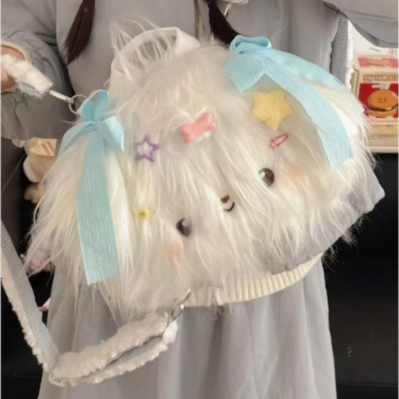 JIAERDI Sweet Cute Plush Lolita Handbag Women Bow Star Large Capacity Backpack Ladies Kawaii Long Hair Puppy Mochilas Mujer 2025