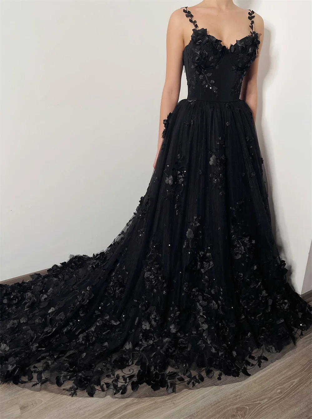 Gorgeous Black Sparkly A Line Wedding Goth Prom Dress With Dramatic off  Shoulder Sleeves - Etsy Ireland