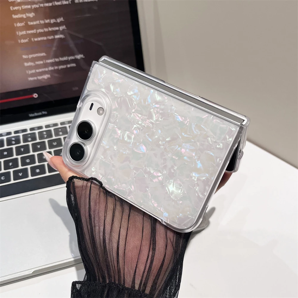 Luxury Shell Pattern Make-up Mirror Phone Case with Glacier Texture Shockproof Solid Cover