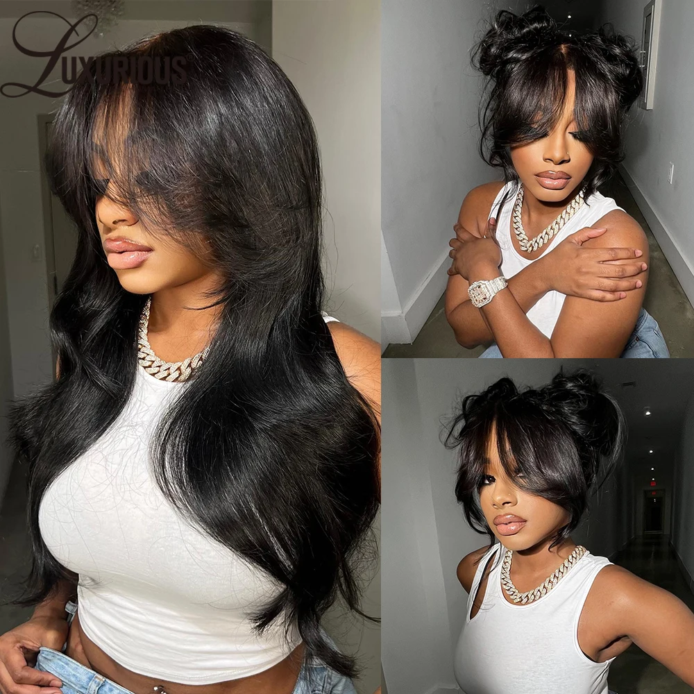 Glueless Pre-Cut Lace Closure Wig Human Hair Blow-out Classic Layered Human Hair Wig 360 Full Lace Natural Black Color