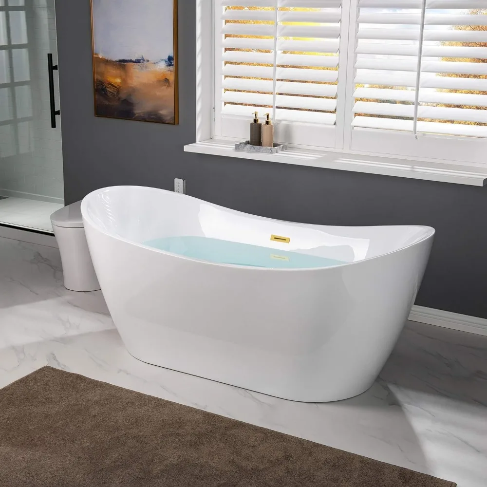 67" Acrylic Freestanding Bathtub Contemporary Soaking White Tub with Brushed Gold Overflow and Drain Easy clean easy maintenance 4