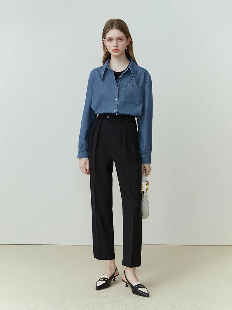 FSLE Blue Denim Solid Casual Shirt Women'S Design Sense Small French Large Pointed Neck Long-Sleeved Shirt For Women Office Lady
