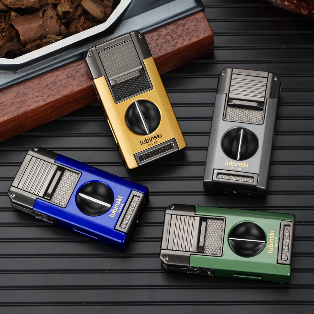 LUBINSKI 2 Torch Lighters Cigar V Cutter Punch Metal Butane Gas Cigar Lighter With Needles Dredge Cigar 2