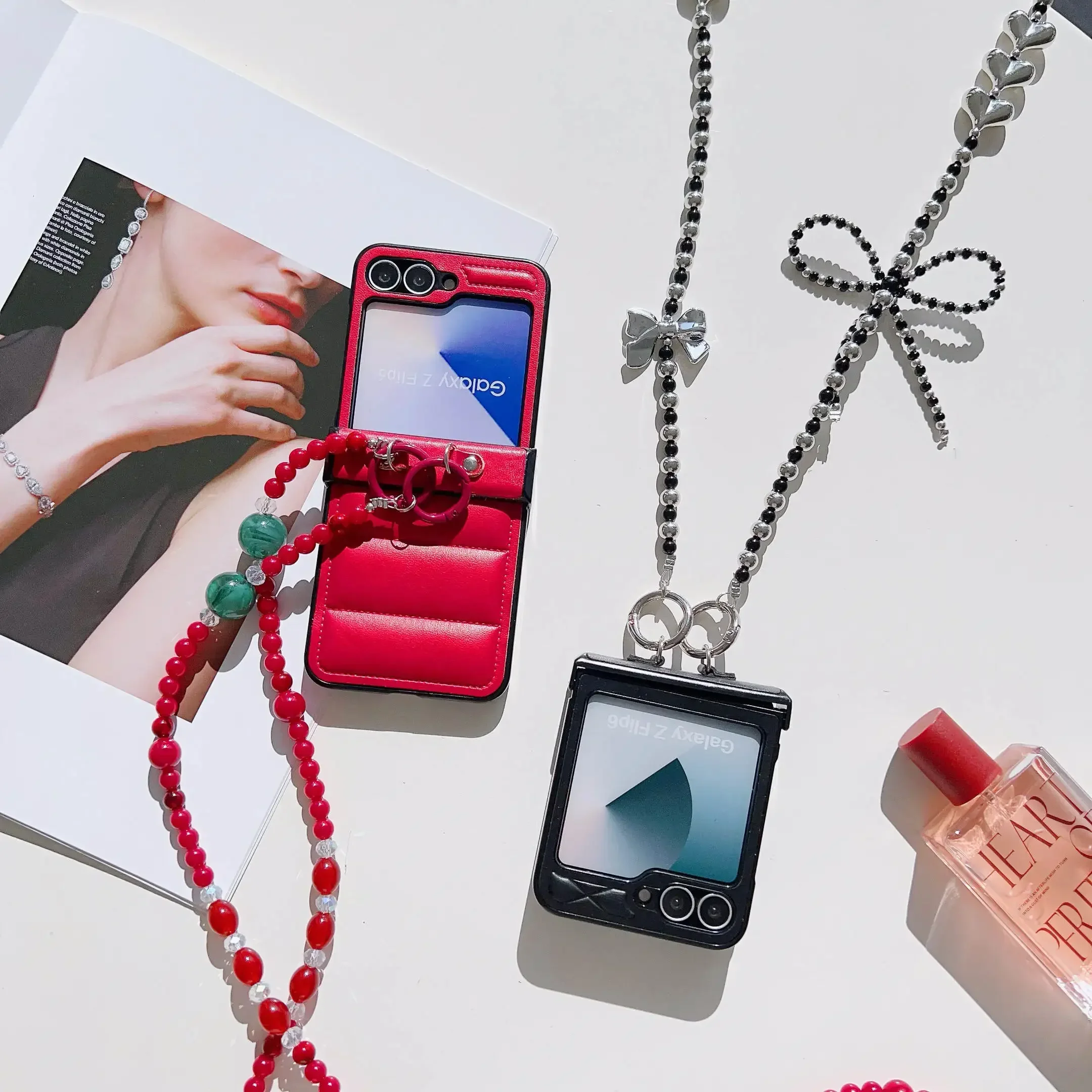 Vibrant Beaded PU Leather Crossbody Lanyard Phone Case with Hinge Protection and Shockproof Design