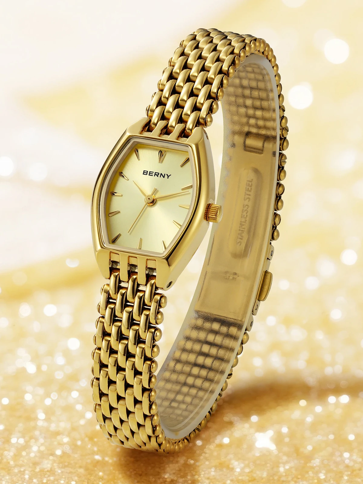 BERNY Golduhren für Damen, luxuriöse, schlanke, elegante Damen-Quarzuhr, goldene Edelstahl-Mode-Armbanduhr – Detail 1