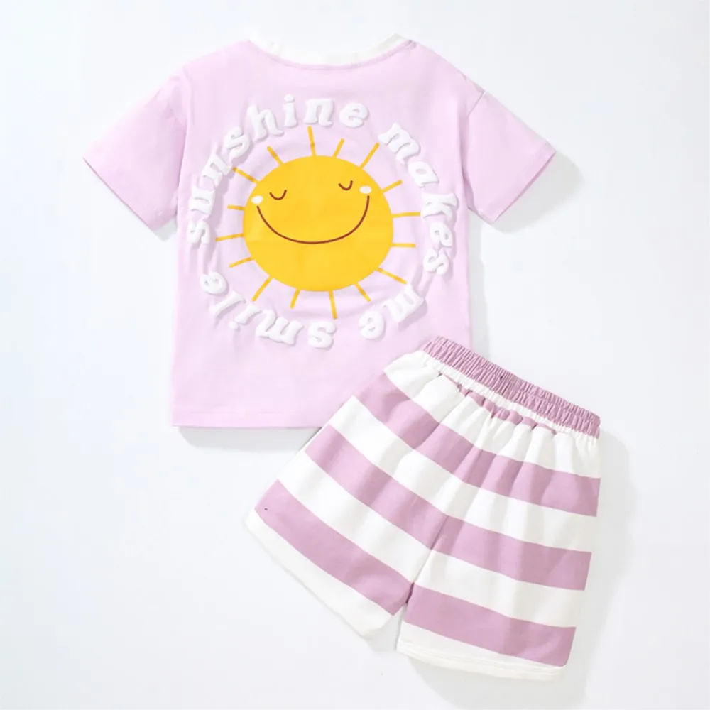 2Pcs Summer Set Tracksuit Kids Purple Clothes Sets Baby Girls Cartoon Sunshine Children Tops+Pants Clothes Cotton