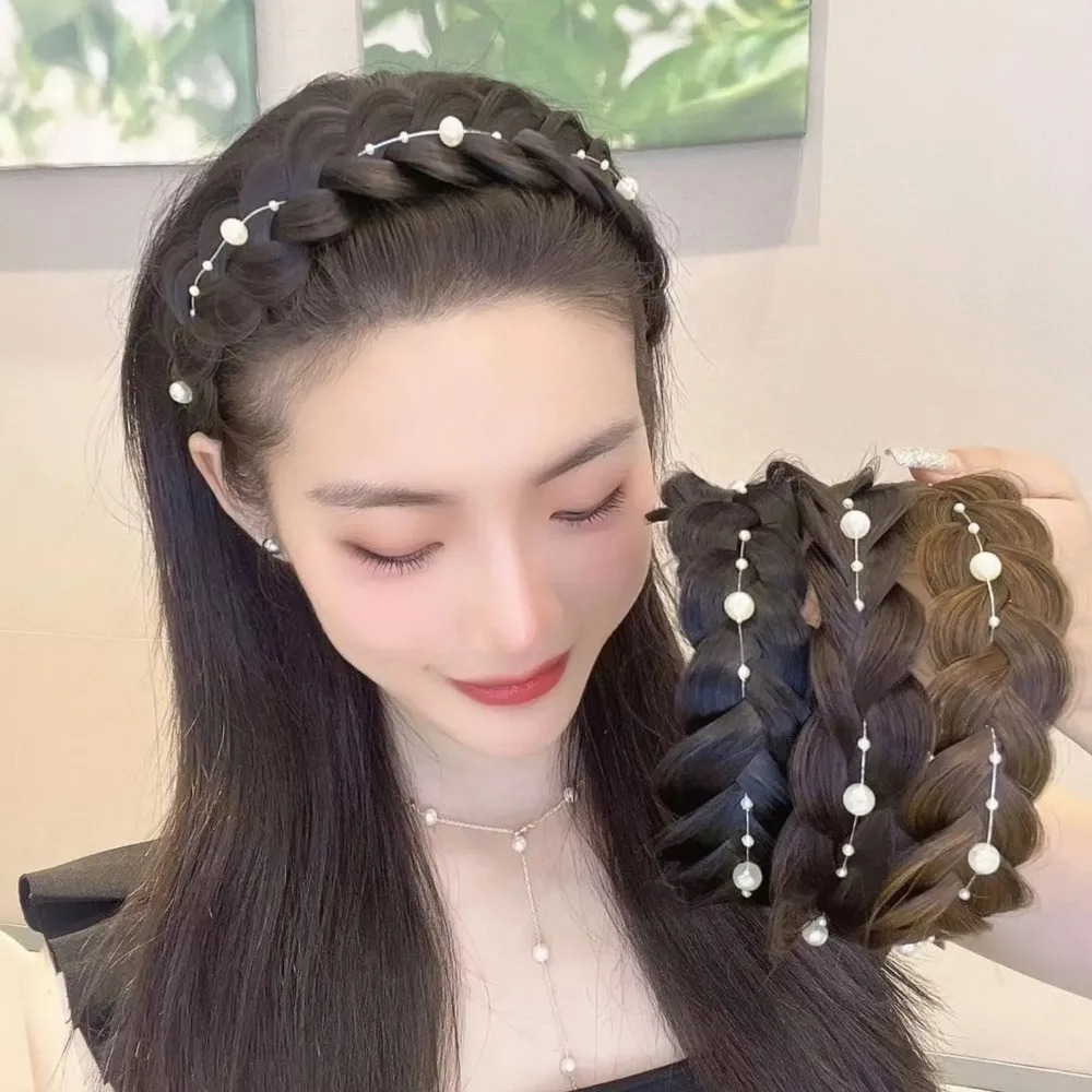 

Three-strand Pearl Twisted Headband with Pearls Hair Styling Pearls String Head Hoop Wide-brimmed Braid Wig Headband Women