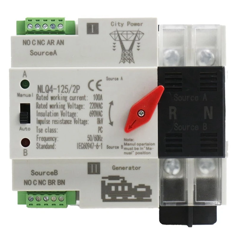 

Automatic Transfer Switch 2P 100A Din Rail Mount Dual Power Switch For Generators Electrical Selection Switch NLQ4-2P Durable