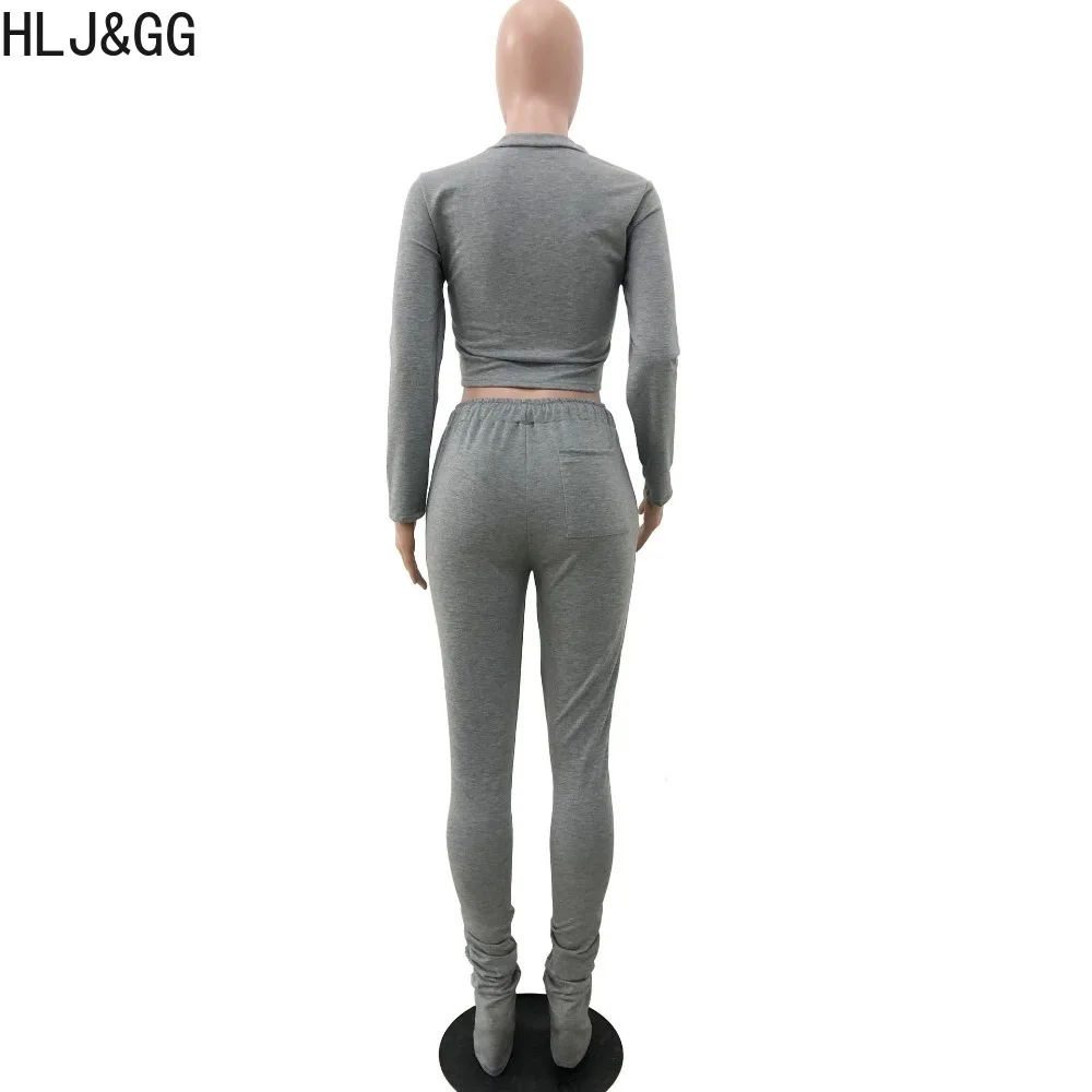 HLJ&GG Casual Lucky Label Letter Printing Two Piece Sets Women Round Neck Long Sleeve Crop Top + Jogger Pants Tracksuits Outfits