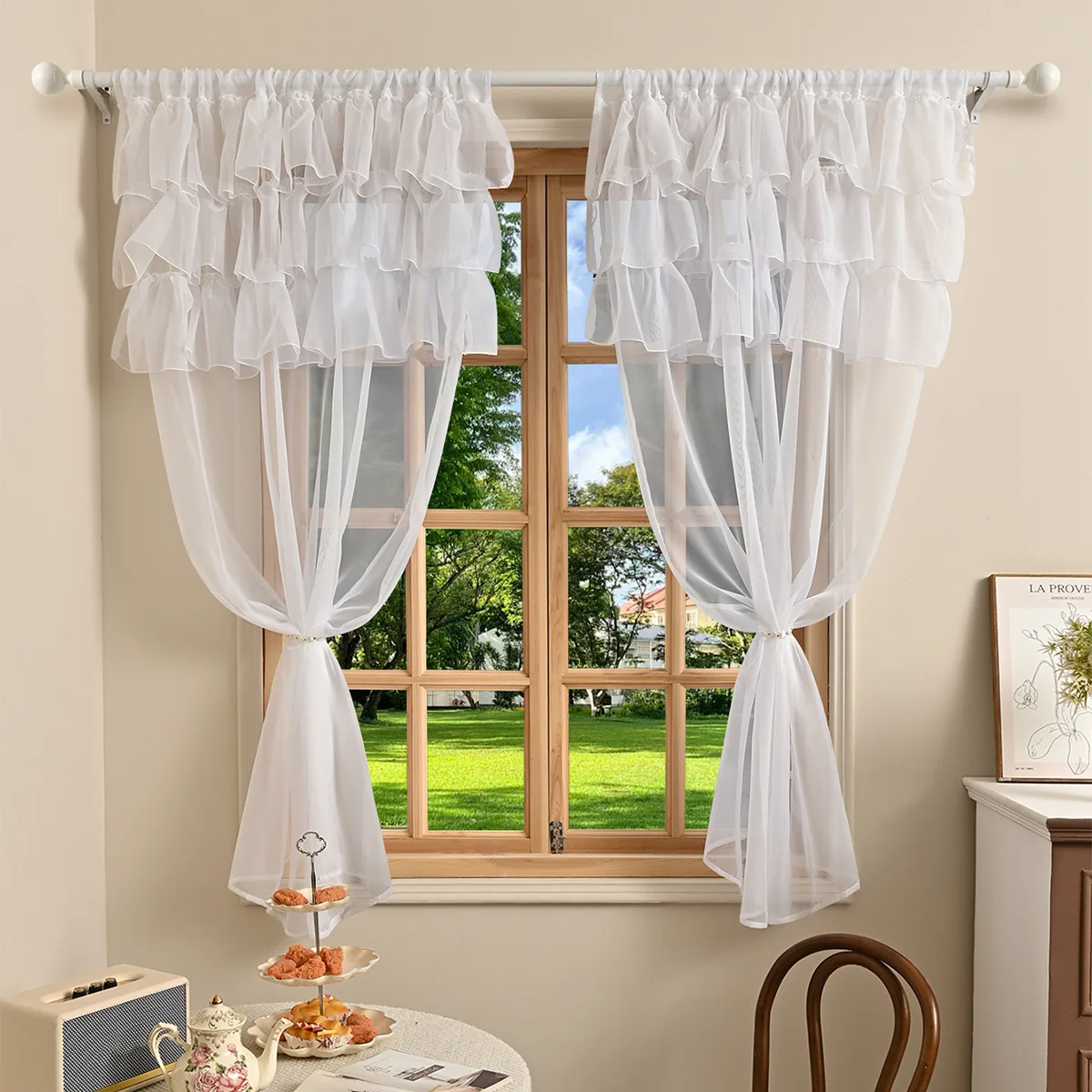 1pc Solid Colour 3 Laces Sheer Curain, Lace Curtains for Living Room, Bedroom