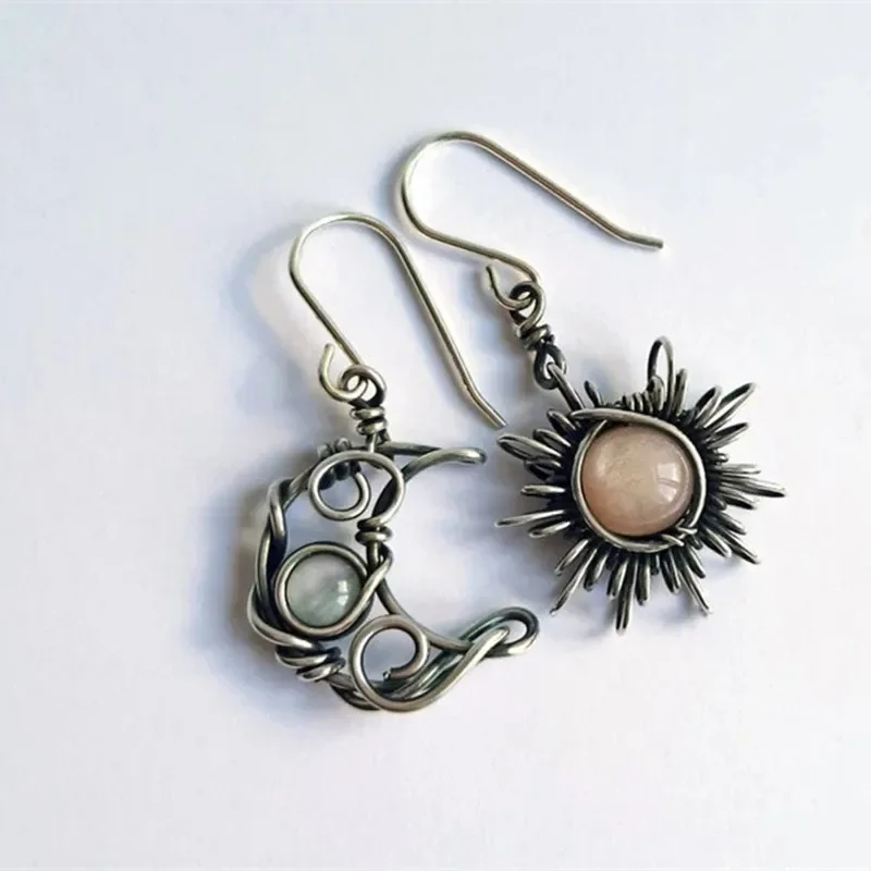 

Trend Bohemia Style Sun and Moon Earring Silver Color Inlaid with Natural Stones Hook Dangle Earrings Women Party Jewelry