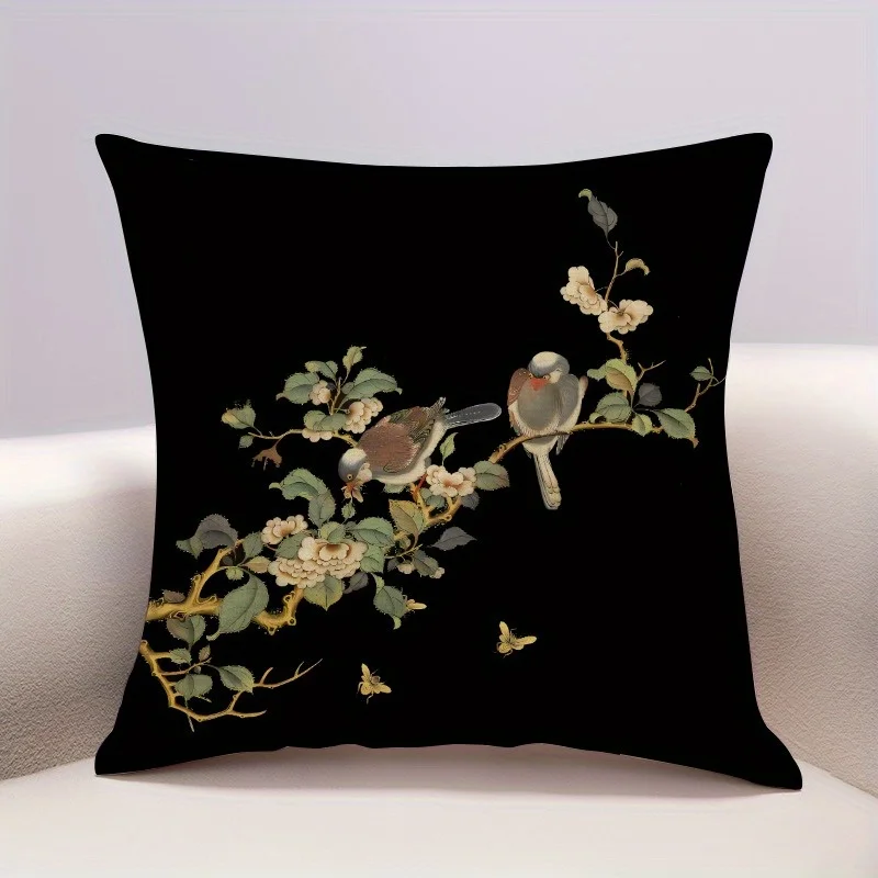 Coordinating bird and flowering branch design on black