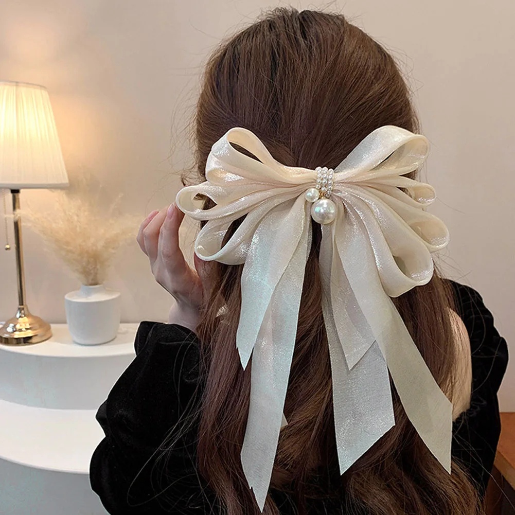 hair clips for long hair New Oversize Bowknot Pearl Barrettes Net Yarn Hairpins Women Houndstooth Hair Clips Ribbon Hair Clips Ponytail Hair Accessories hair clips for women Hair Accessories