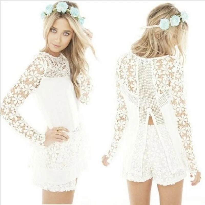 Women feminino Summer Women Sexy Lace Crochet Blouse Long sleeve tops 1