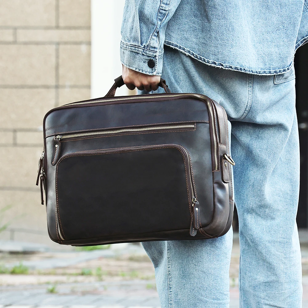

Genuine leather 15.6 inch laptop bag retro men's shoulder bag crazy horse business commuting male briefcase