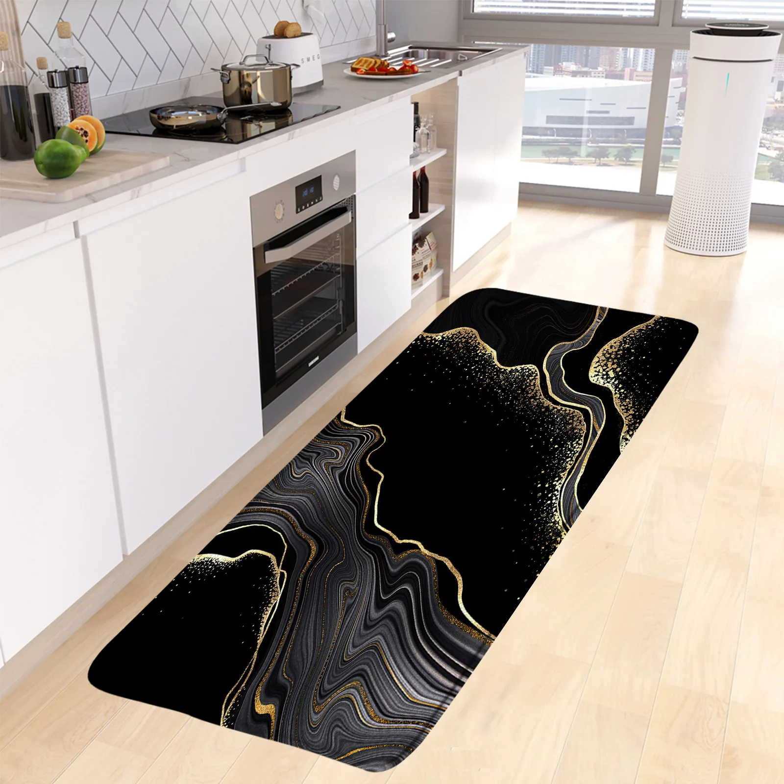 Black and Gold Marble Kitchen Mat Geometric Kitchen Rugs Set of 2