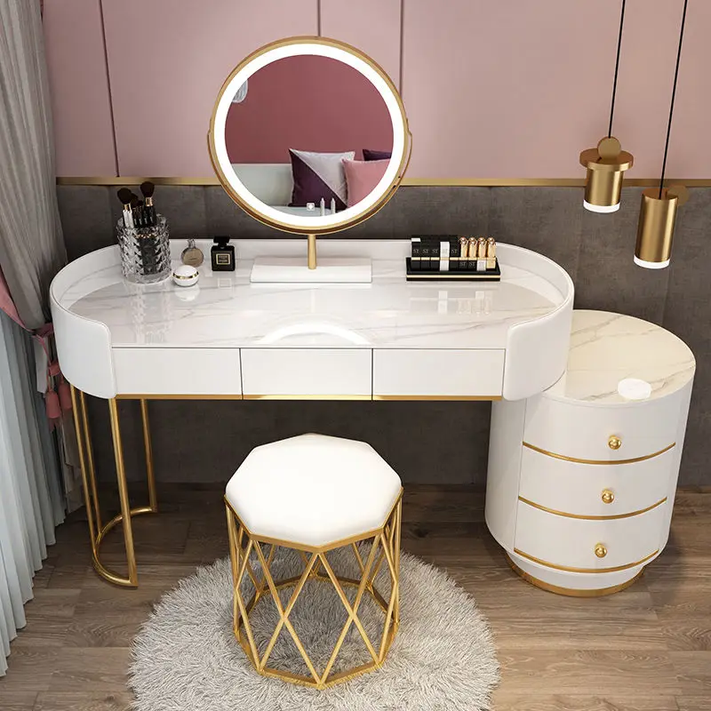 Mordern White Gold Vanity Desk Dressing Table with Mirror Makeup Table with LED Lighting 6 Drawers for Bedroom Home Furniture