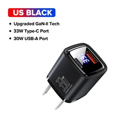 33W GaN Dual - Port Fast Charging USB - C Adapter - US PLUG BLACK