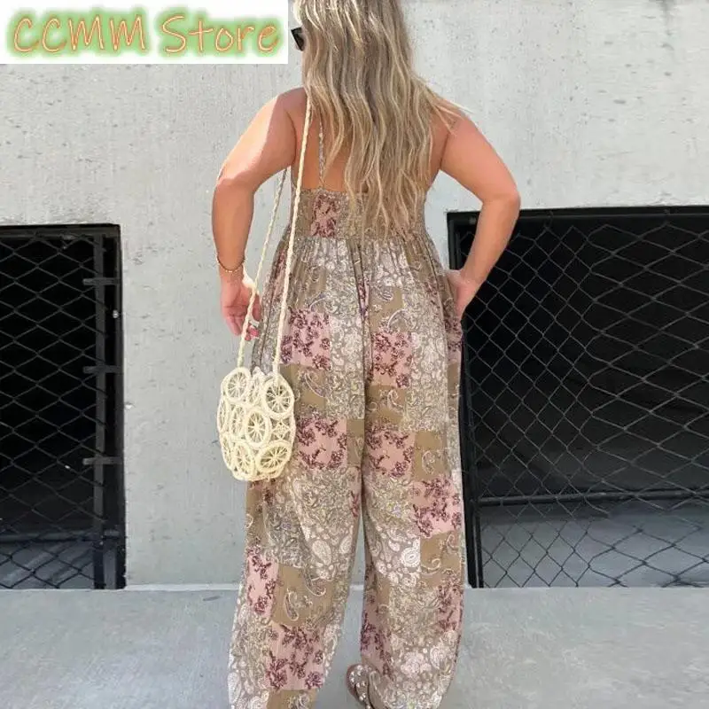 Fashion Casual Holiday Beach Pocket Jumpsuit Women High-Waisted Loose-Print Strap Romper Summer Sleeveless Straight-Leg Overalls