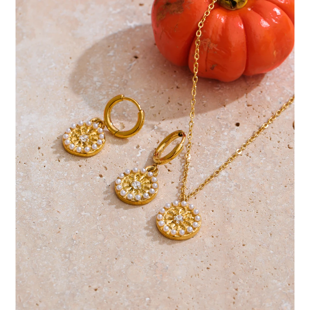 Yhpup Necklace and Earrings with Imitation Pearls and Zircon