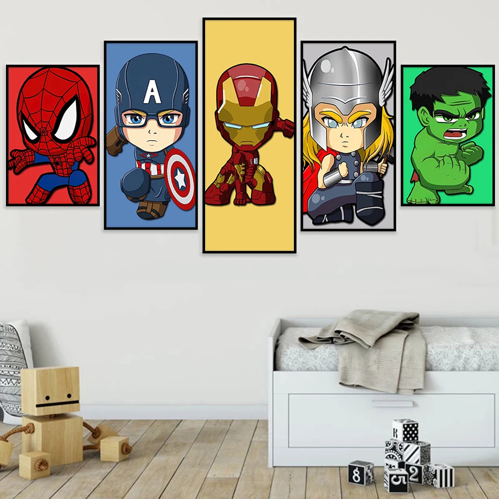 

MINISO 5Pcs Marvel Avengers Wall Art Posters Superhero SpiderMan Iron Man Hulk Home Decor Canvas Painting Murals Print Artwork