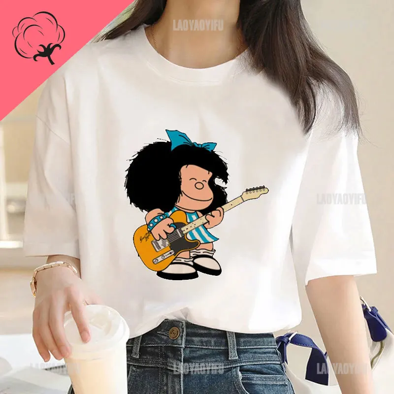 

Футболка Mafalda Женская хлопковая с принтом, смешная повседневная одежда с принтом манга в стиле Харадзюку, модная уличная одежда с круглым вырезом, на лето
