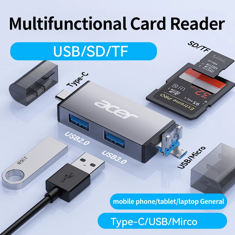 Çok İşlevli Kart Okuyucu USB3.0 ve USB C'den PC Dizüstü Bilgisayar Aksesuarları için SD MicroSD TF'ye Akıllı Hafıza Kart Okuyucu SD Kart Adaptörü