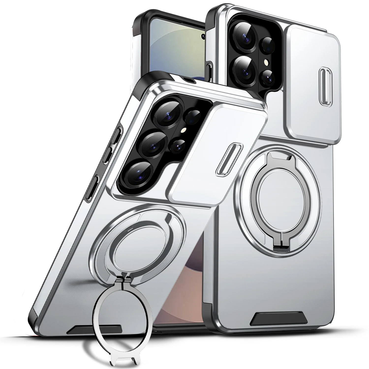 Slide Camera Protection Armor Phone Case with Metal Kickstand and Magnetic Back Cover