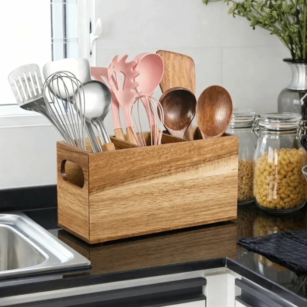 Organizador de Utensílios de Cozinha em Madeira com 3 Compartimentos, Suporte de Armazenamento que Economiza Espaço, Durável e Rústico para Talheres