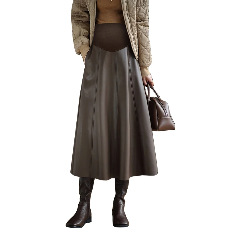 Pleated PU Maternity Skirts Autumn Winter Fashion A Line Belly Bottoms Clothes for Pregnant Women Pregnancy