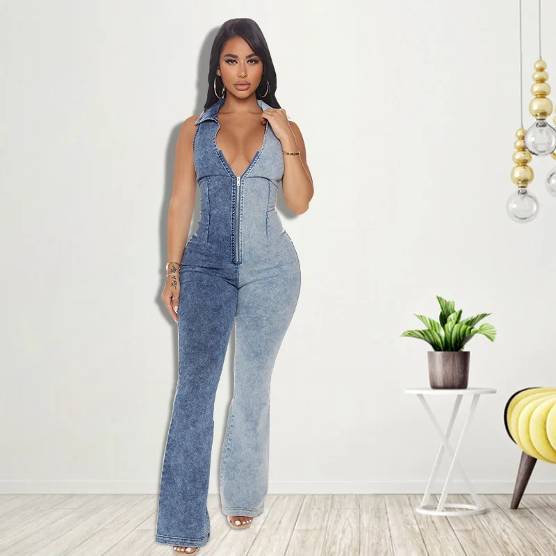 Fashion Patchwork Denim Jumpsuit overalls for women Elastic Sleeveless With Zipper Contrast Flared Pants Office Lady Rompers