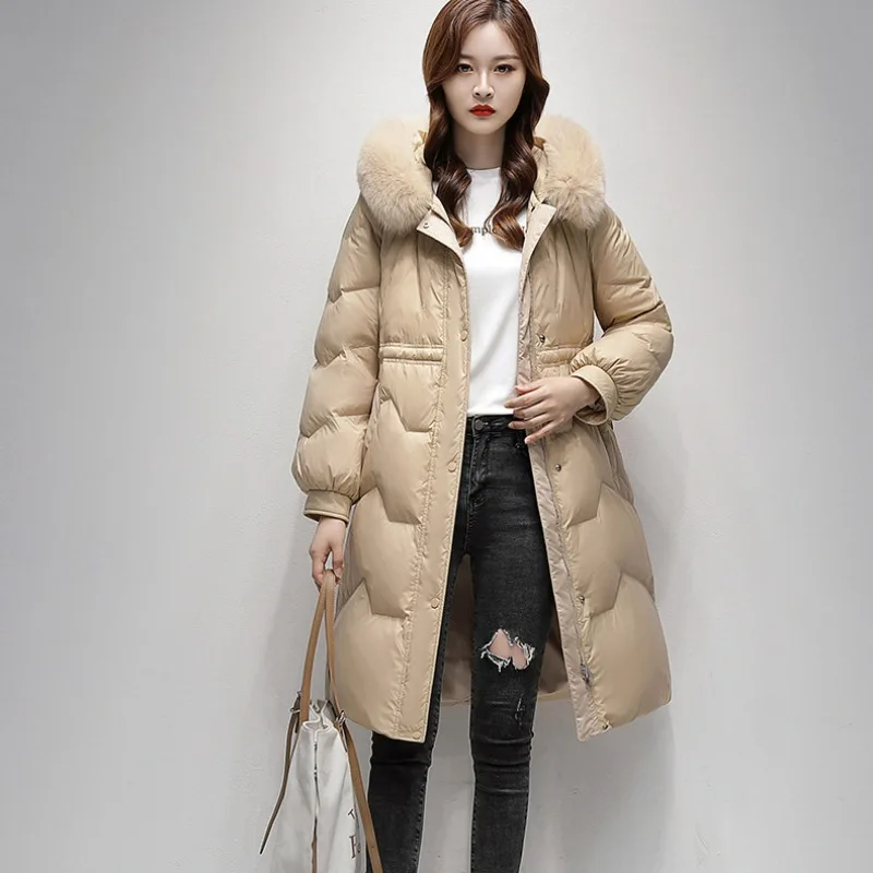 2023 New Women Down Jacket Winter Coat Female Mid Length Version Parkas Warm Slim Fit Outwear Hooded Fur Collar Overcoat