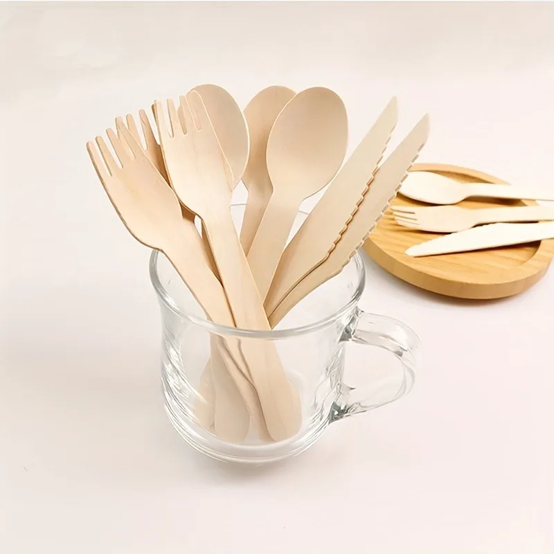 50PCS Disposable wooden spoon fork knife tableware wedding birthday coffee shop restaurant party tableware icecream dessert cake