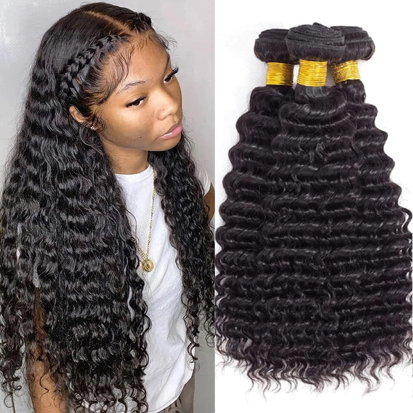 Deep Wave Bundles Human Hair Bundles Remy Hair Deep Curly Weave 3 Extensions Natural Color Extension 14-30 Inches