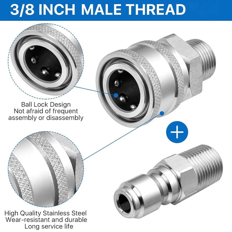 3/8 Inch Pressure Washer Coupler Quick Connect Plug Stainless Steel Male and Female Quick Connect Fittings Washer Accessories 3