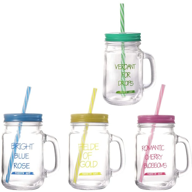 

450ML Drinking Glass Set Mason Drinking Jar Mugs With Handle And Straws