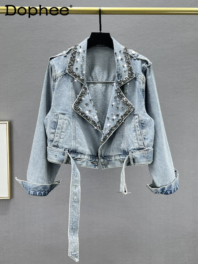 Exquisite Rhinestone Long-Sleeved Denim Jacket for Women 2023 Autumn New Loose Light Blue Suit Collar Short Jacket Top