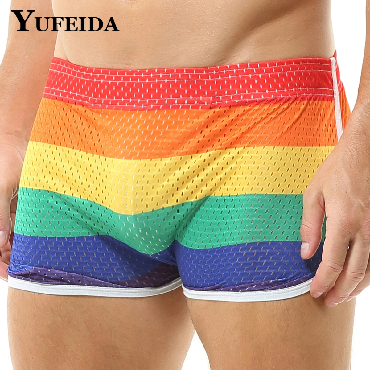 

YUFEIDA Breathable Mesh Sports Shorts Pajamas Men's Casual Boxers Shorts Briefs Arrow Pants Cut Out Side Open Male Sleep Bottoms