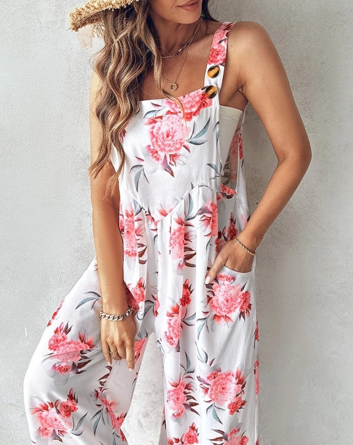 Women Jumpsuit 2024 Spring Latest Square Neck Floral Print Wide Leg Suspender Button Pocket Oversized Vacation Romper Bodysuit