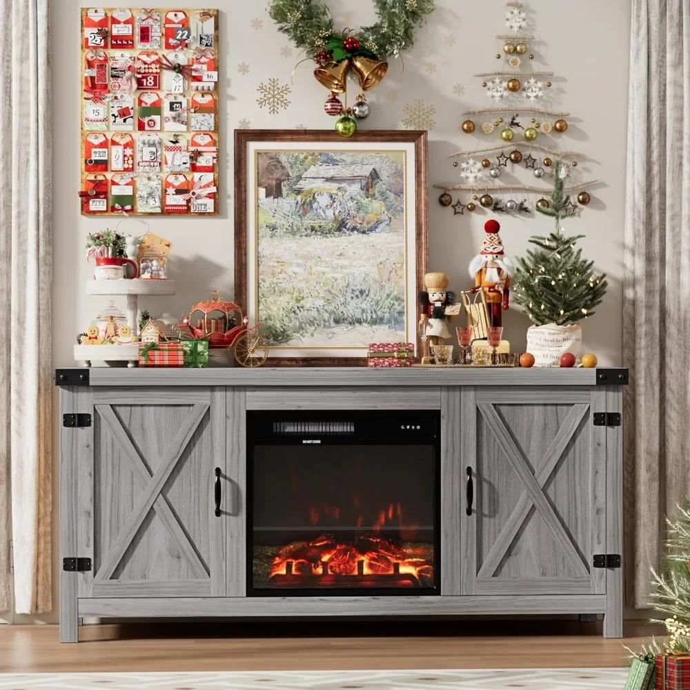 Fireplace TV Stand for Up to 65 Inches TVs, Farmhouse Center with Grooved Barn Doors, Media Console Table with Storage Cabinets 6