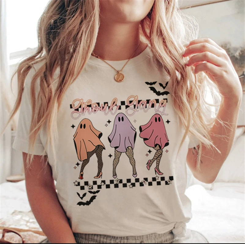 Lettera stampata bianca cartone animato Halloween autunno maglietta casual vestiti tendenza anni '90 donna donna T costume donna stampa grafica925_voghion.com