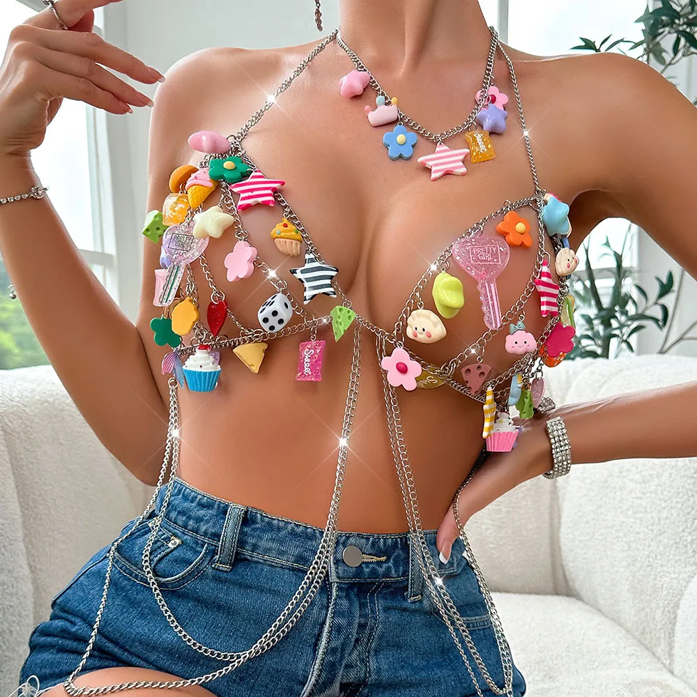 Y2K Sexy Summer Beach Bikini Festival Rave Chest Thoracic Chains Colorful Cartoon Pendant Waist Beads Waist Belly Belt Chain New