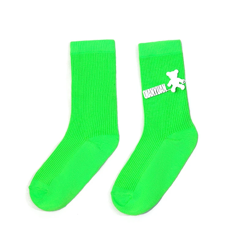 Black and White Pure Color Tube Socks Female Pin Bear Lovely Personality Tide Socks INS Korean Students Long Tube Cotton Socks