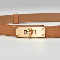 New Retro Genuine Leather Adjustable Gold Buckle Belt Women Fashion Thin Cowskin Belts Female Jeans Dress Waistband 2023