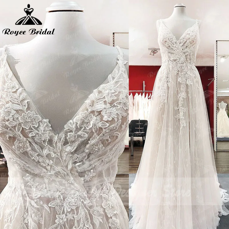 

2022 A Line Boho Wedding Dress Pleats Blush Pink Lace Appliqued Beading Backless Spaghetti Straps Bridal Gown Vestidos De Noiva