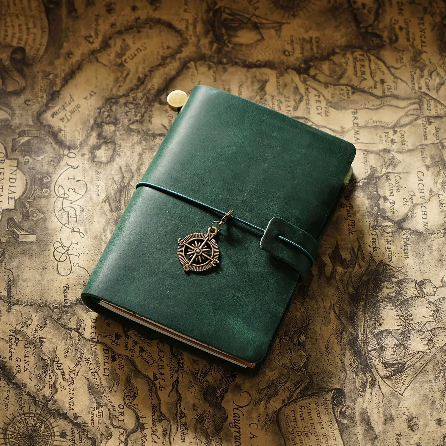 Vintage Refillable Crazy Horse Leather Travel Journal with Antique Metal Charms and Elastic Closure