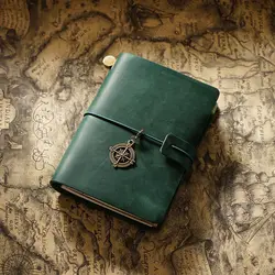 Vintage Refillable Crazy Horse Leather Travel Journal with Antique Metal Charms and Elastic Closure - A5 (Crazy Horse  Green)