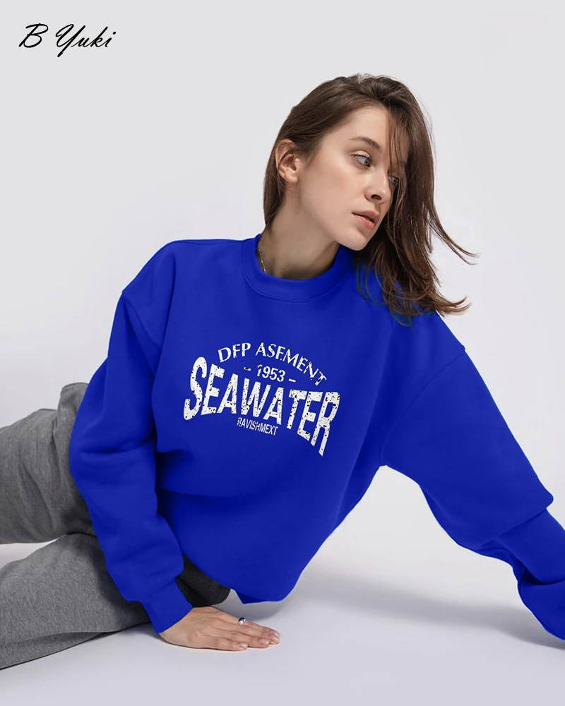Blessyuki Oversized Letter Print Thin Hoodies Women Casual Vintage O-neck Long Sleeve Sweatshirt Pullover Streewear Girl Tops