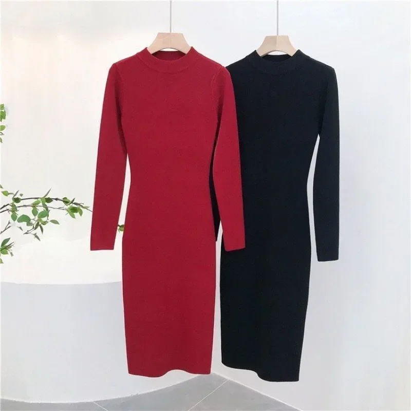 

Black Bodycon Crochet Clothes Maxi Sexy Daring Robe Long Red Knitted Woman Dress Turtleneck Dresses for Women Evening A Line Y2k